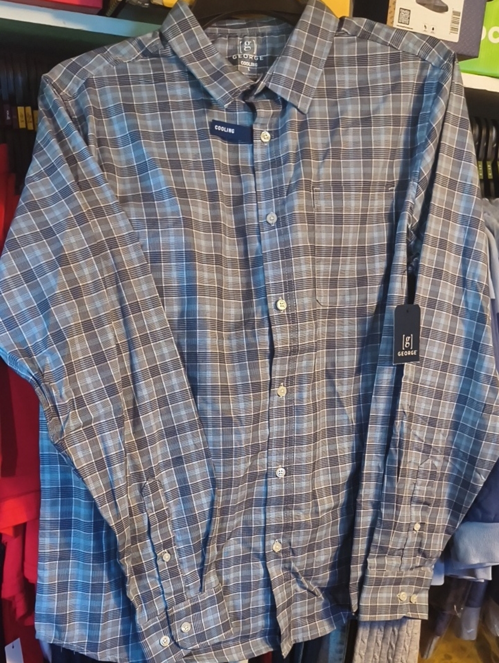 George Men’s Blue and Gray Plaid Button-Down Shirt